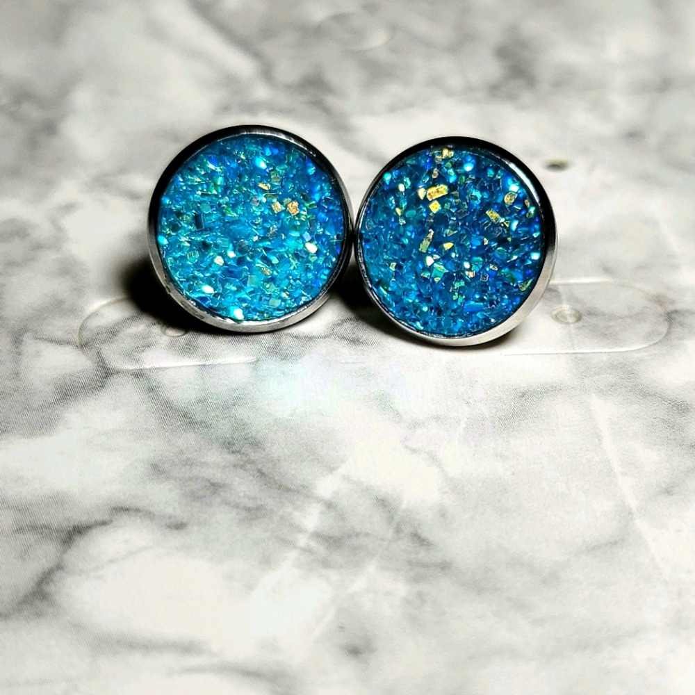 Aquamarine Druzy Stud Earrings
